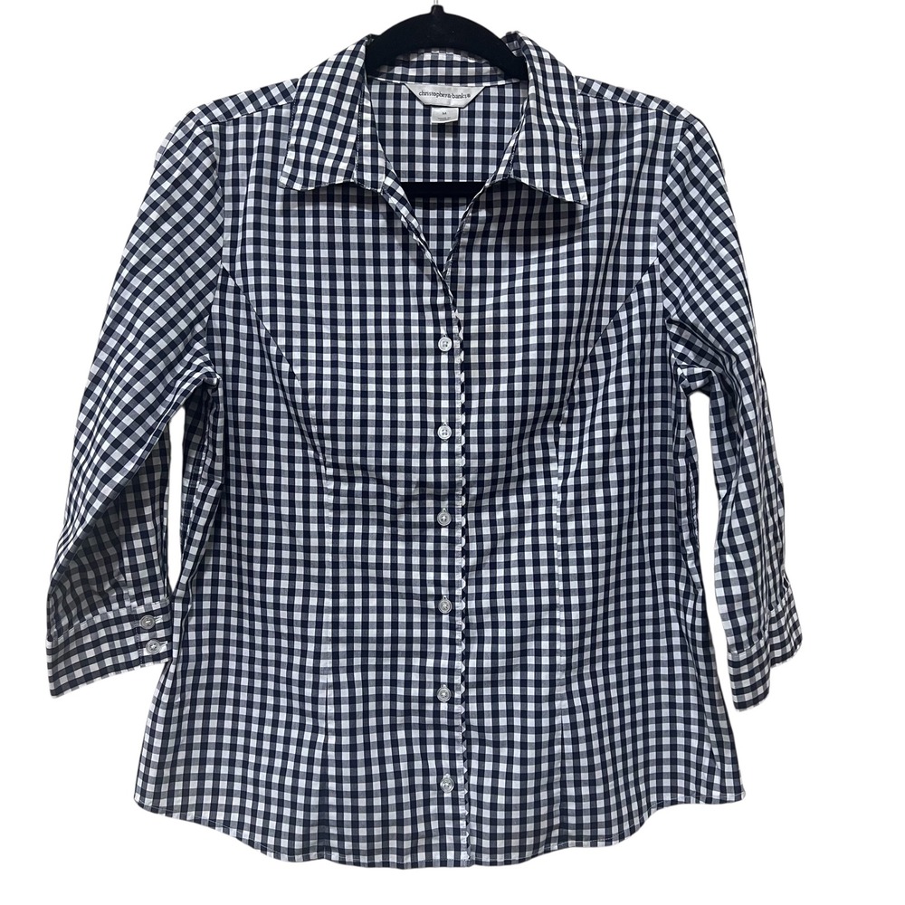 Christopher & Banks Medium Navy Gingham Check Button Front Top Preppy Career A11